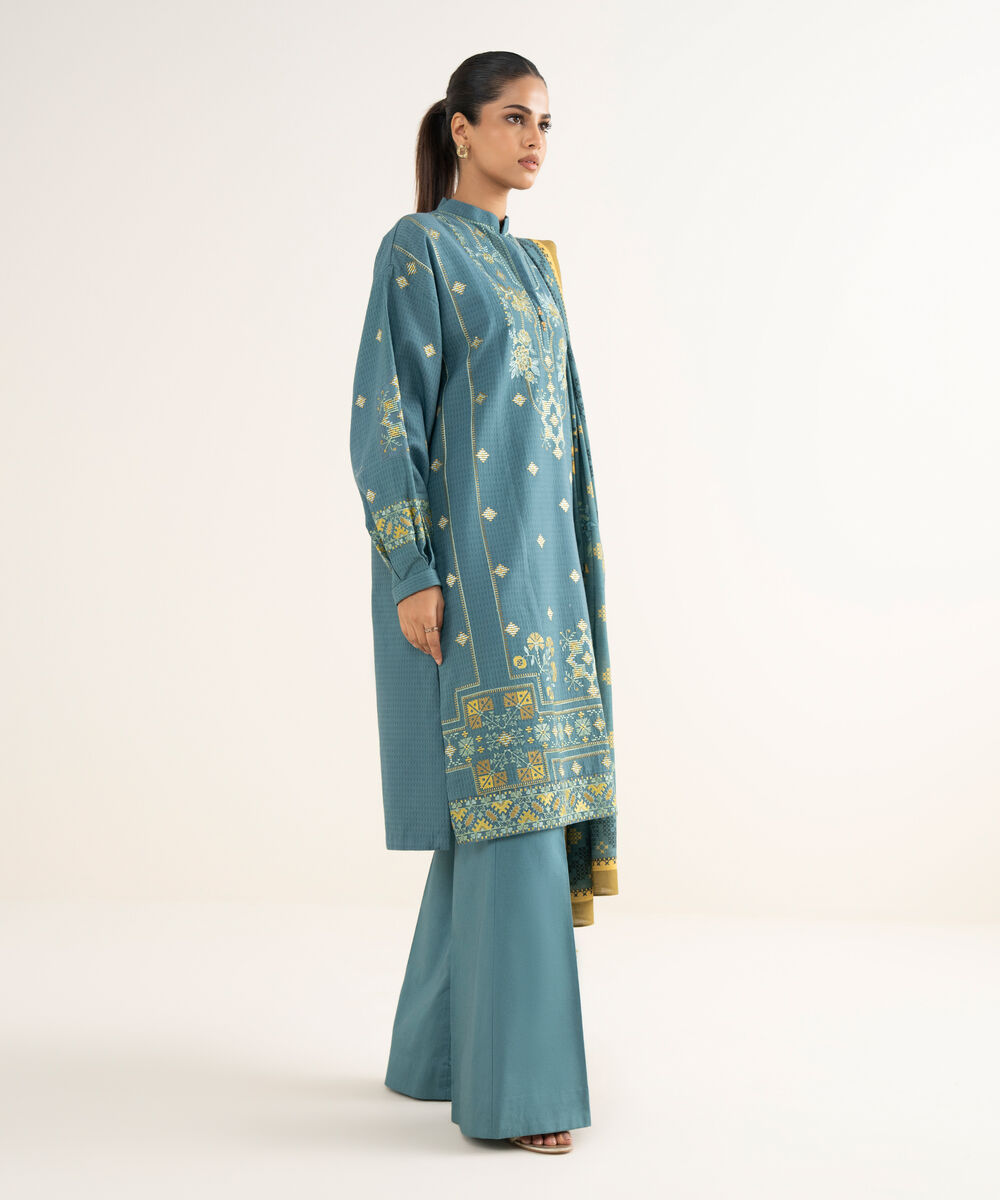 Women's Unstitched Dobby Embroidered Blue 3 Piece Suit