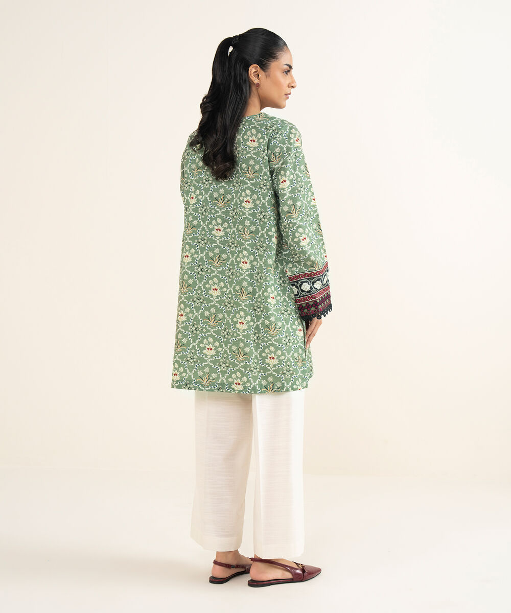 Women's RTW Cotton Embroidered Green Straight Shirt