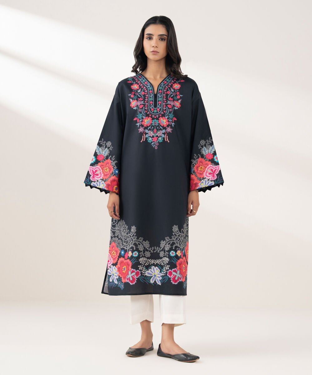 Women's RTW Cotton Printed A-Line Black Shirt