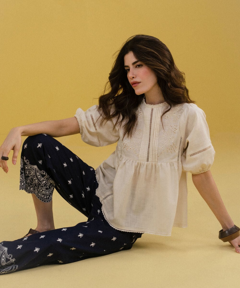 Women's Western Off-White Embroidered Top With Puffed Sleeve