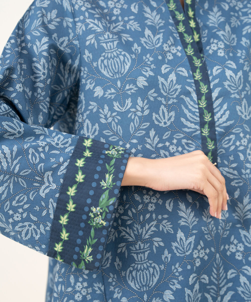 Women's Unstitched Printed Dobby Blue 3 Piece Suit