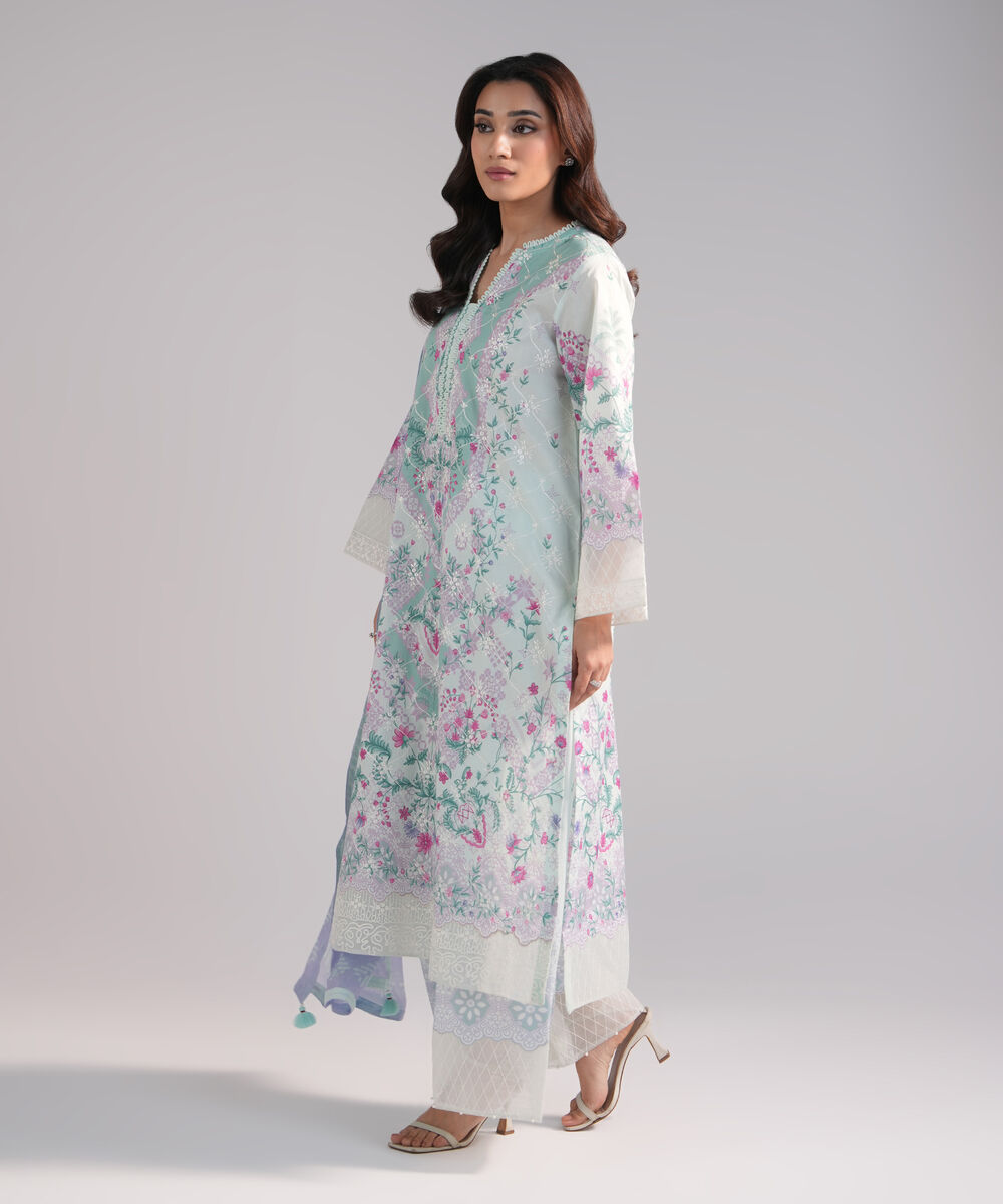 Women's RTW Lawn Embroidered Blue 3 Piece Suit