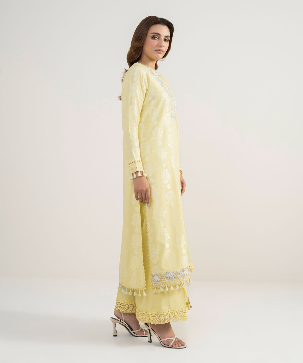 Women's Unstitched Extra Weft Jacquard Embroidered Yellow 3 Piece Suit