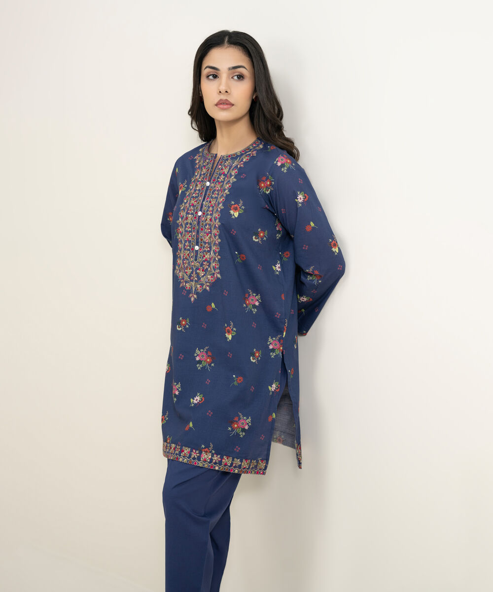 Women's RTW Slub Lawn Embroidered Blue Straight Shirt