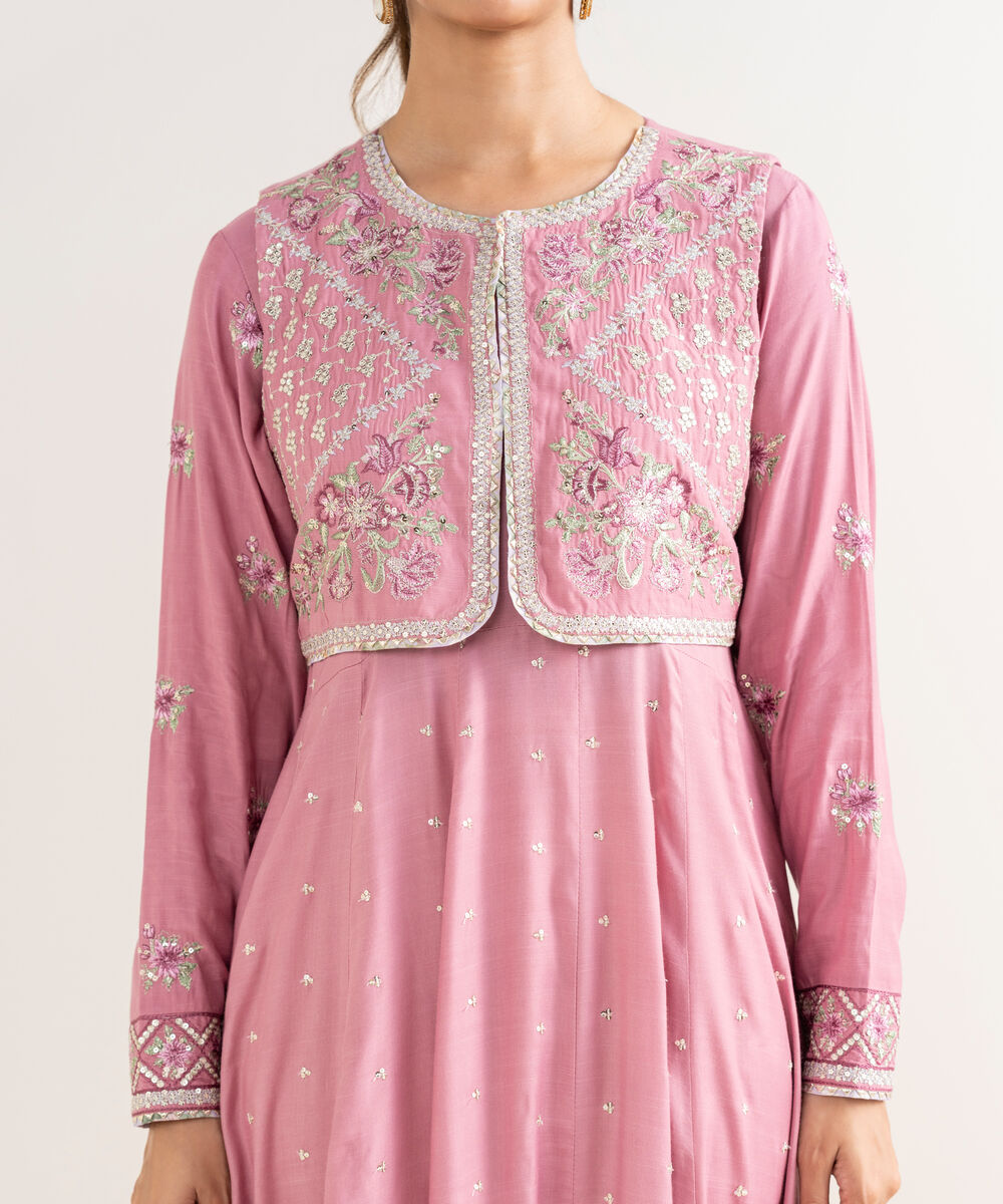 Women's RTW Viscose Raw Silk Pink Embroidered 2 Piece Suit