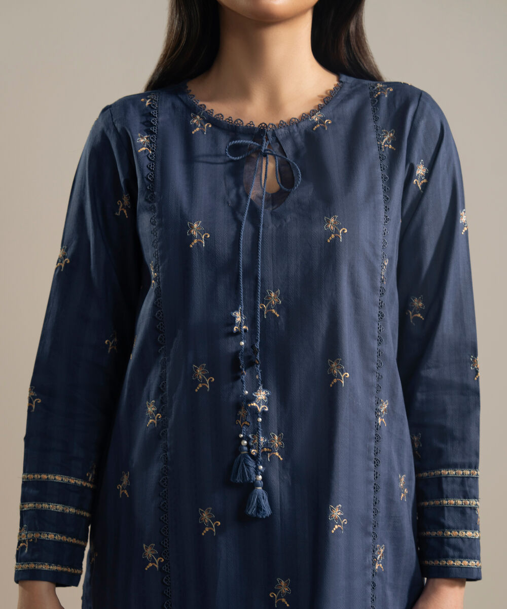 Women's RTW Leno Kara Embroidered Blue A-Line Shirt