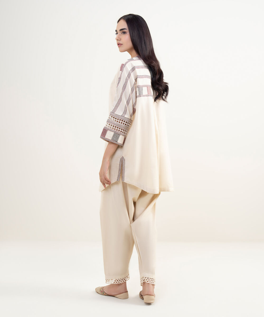 Women's RTW Dobby Embroidered Off White Drop Shoulder Shirt