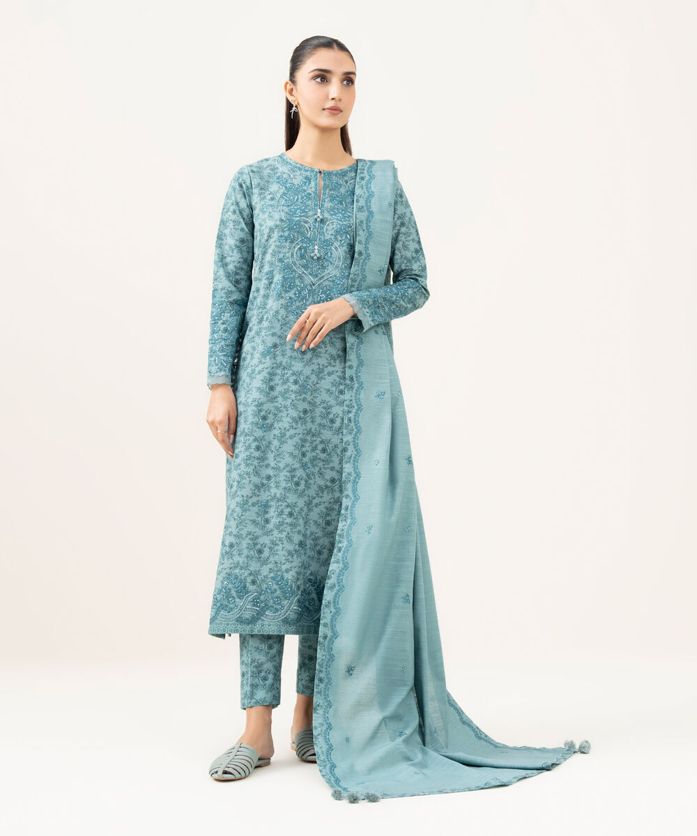 Women's Unstitched Textured Cotton Embroidered Blue 3 Piece Suit