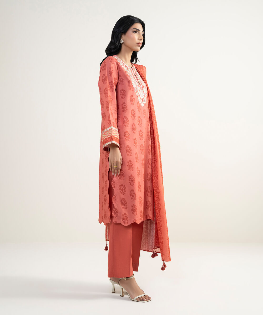 Women's Unstitched Lawn Embroidered Red 3 Piece Suit