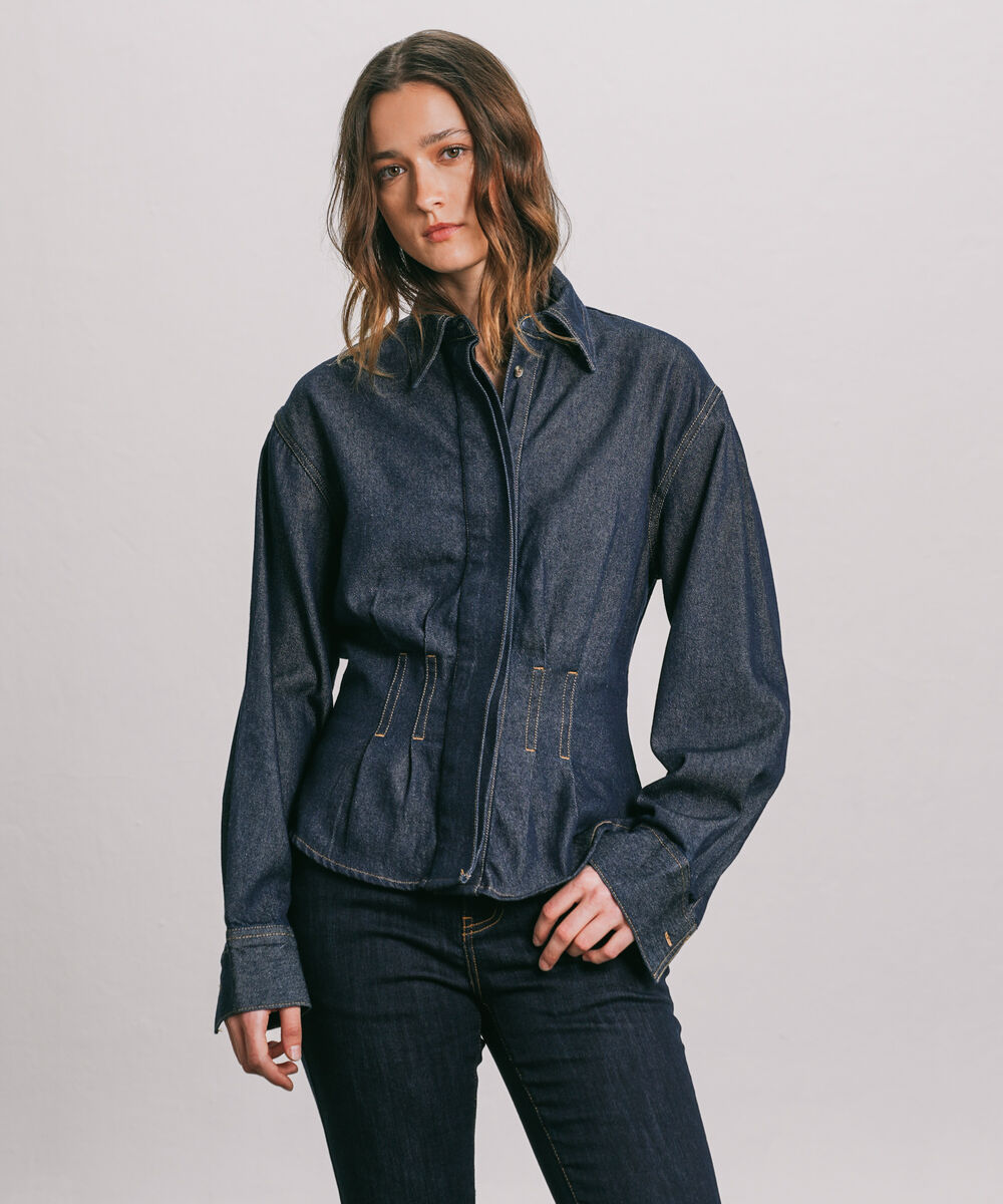 Women's Western Wear Blue Fitted Denim Shirt With Darts
