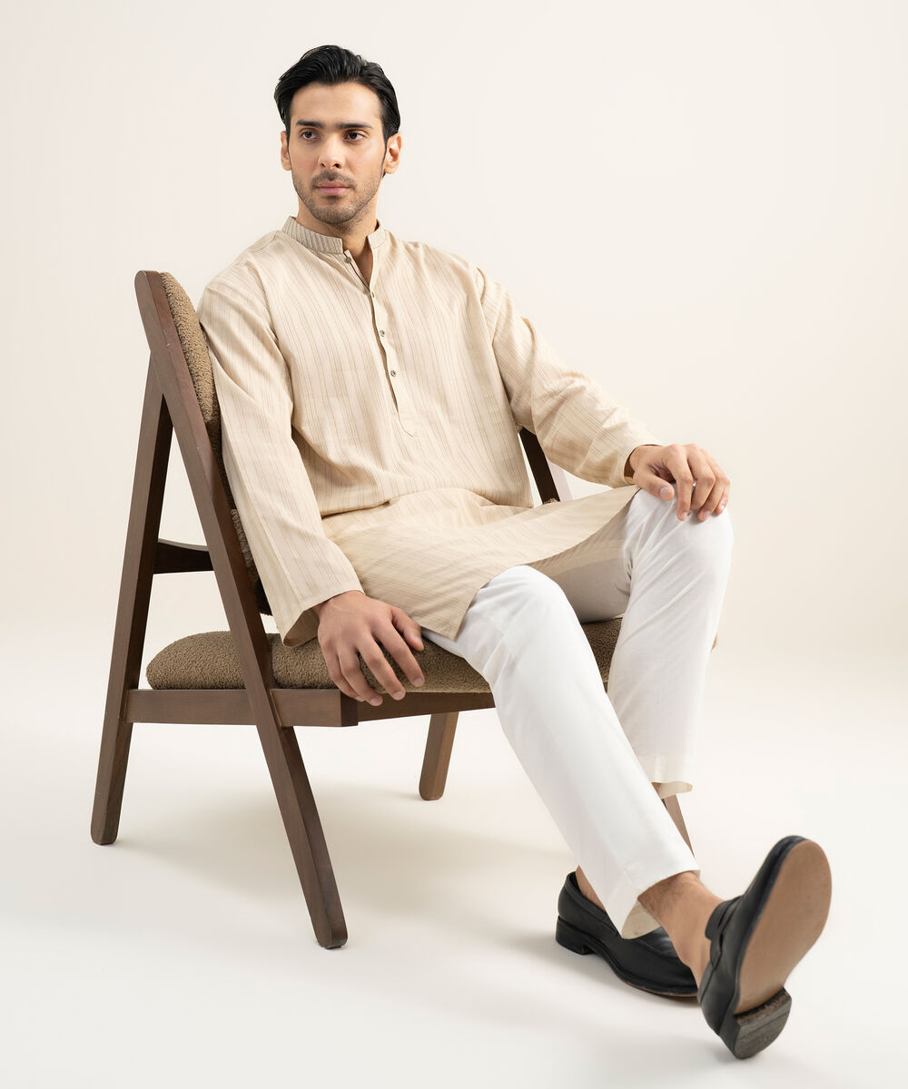 Men's Stitched Leno Jacquard Beige Kurta