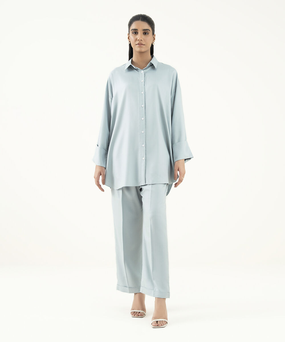 Women's RTW Dobby Blue Solid Button Down Shirt