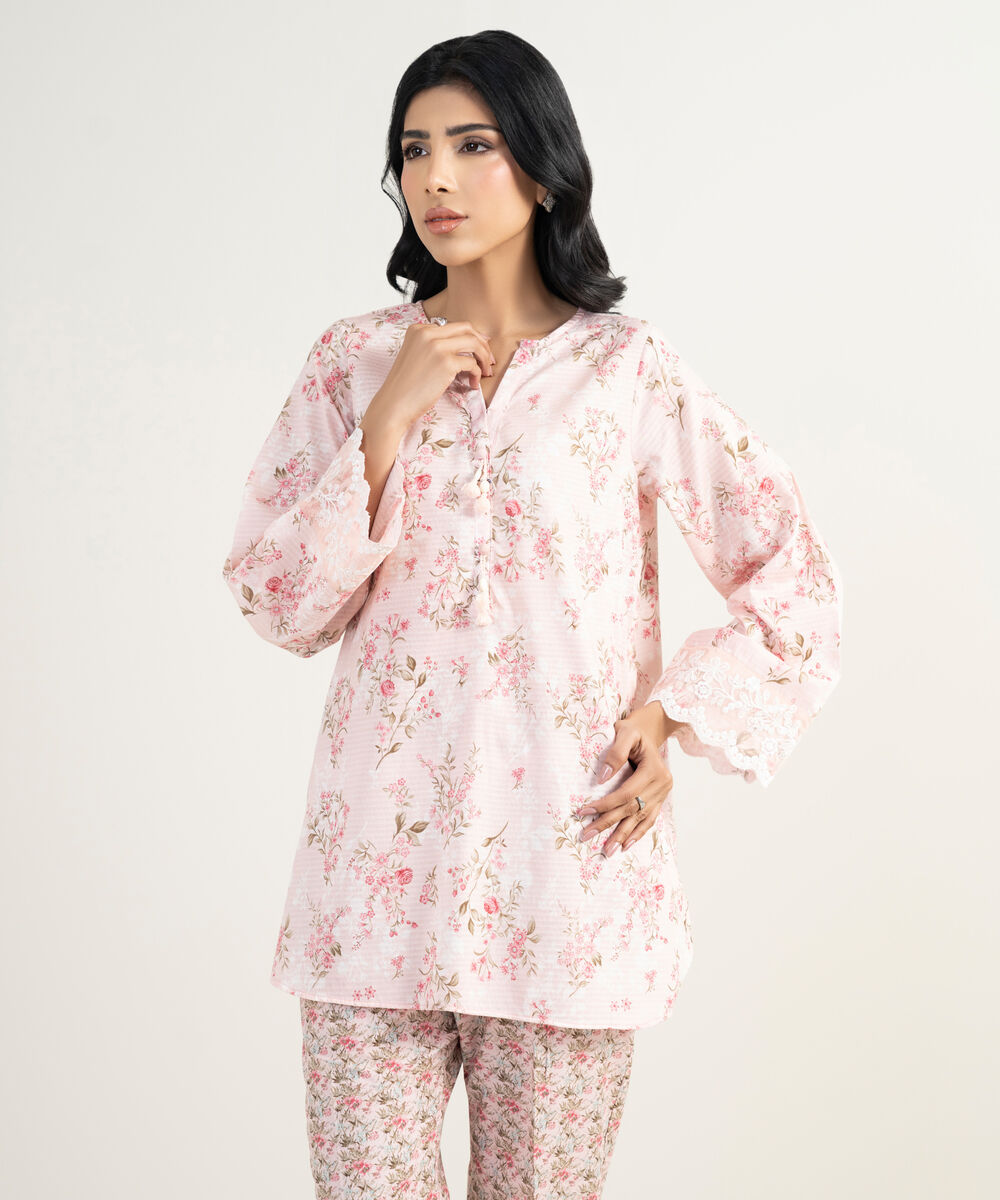 Women's RTW Dobby Embroidered Pink Straight Shirt