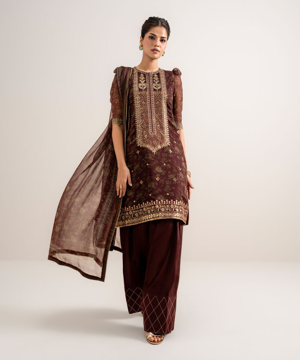 Women's Unstitched Embroidered Blended Chiffon Red 3 Piece Suit