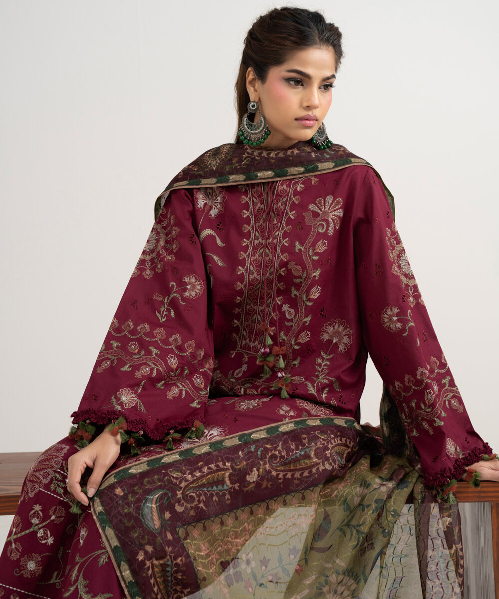 Women's Unstitched Textured Lawn Embroidered Pink 3 Piece Suit