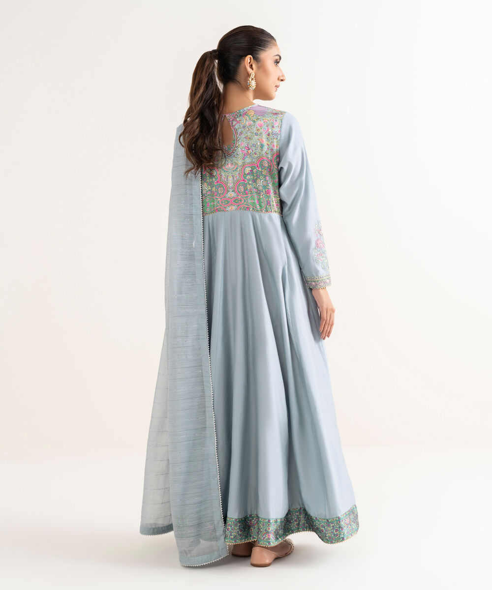 Women's RTW Silk Cotton Net Bue Embroidered 2 Piece Suit