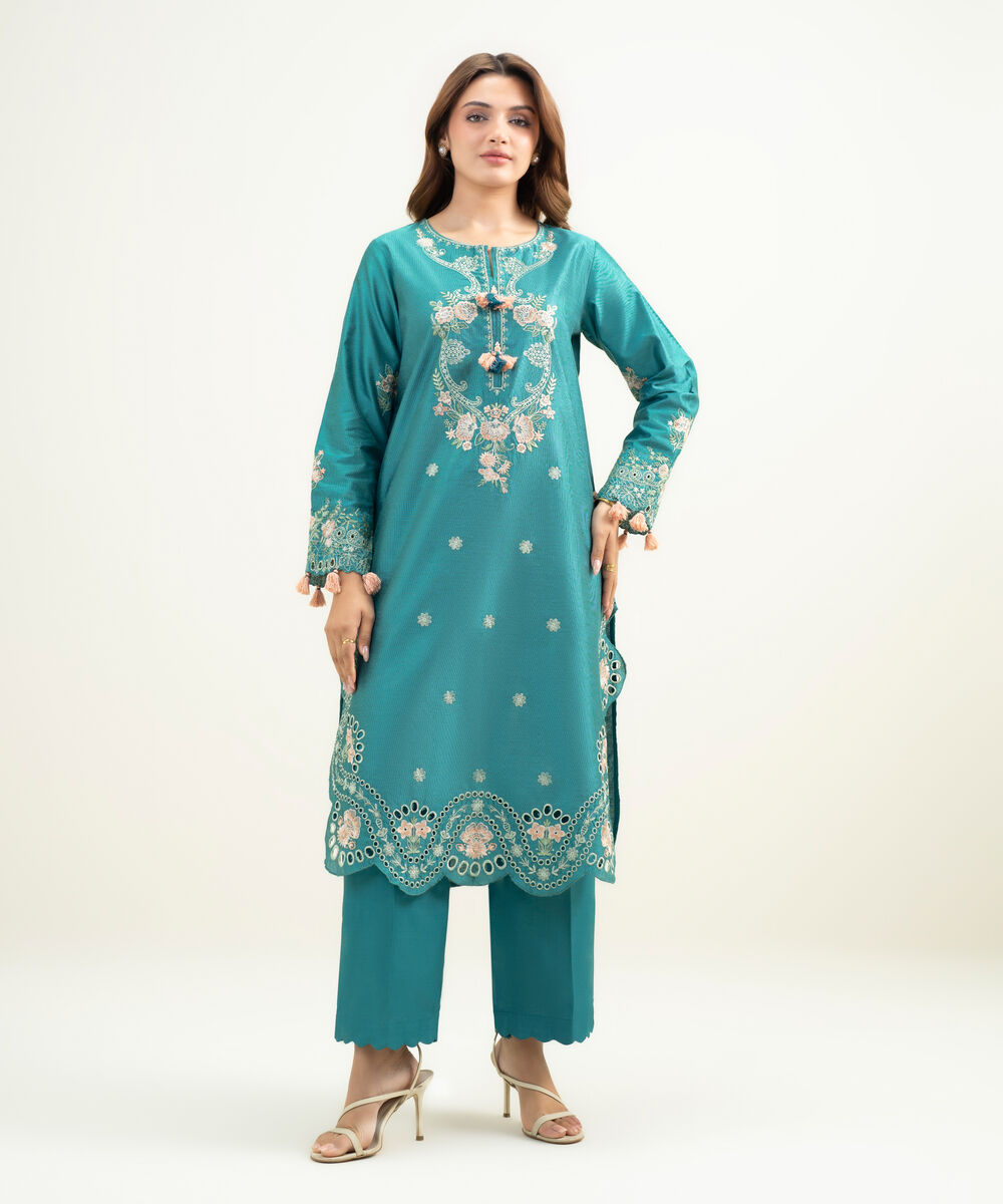 Women's RTW Silk Cotton Net Embroidered Teal 2 Piece Suit