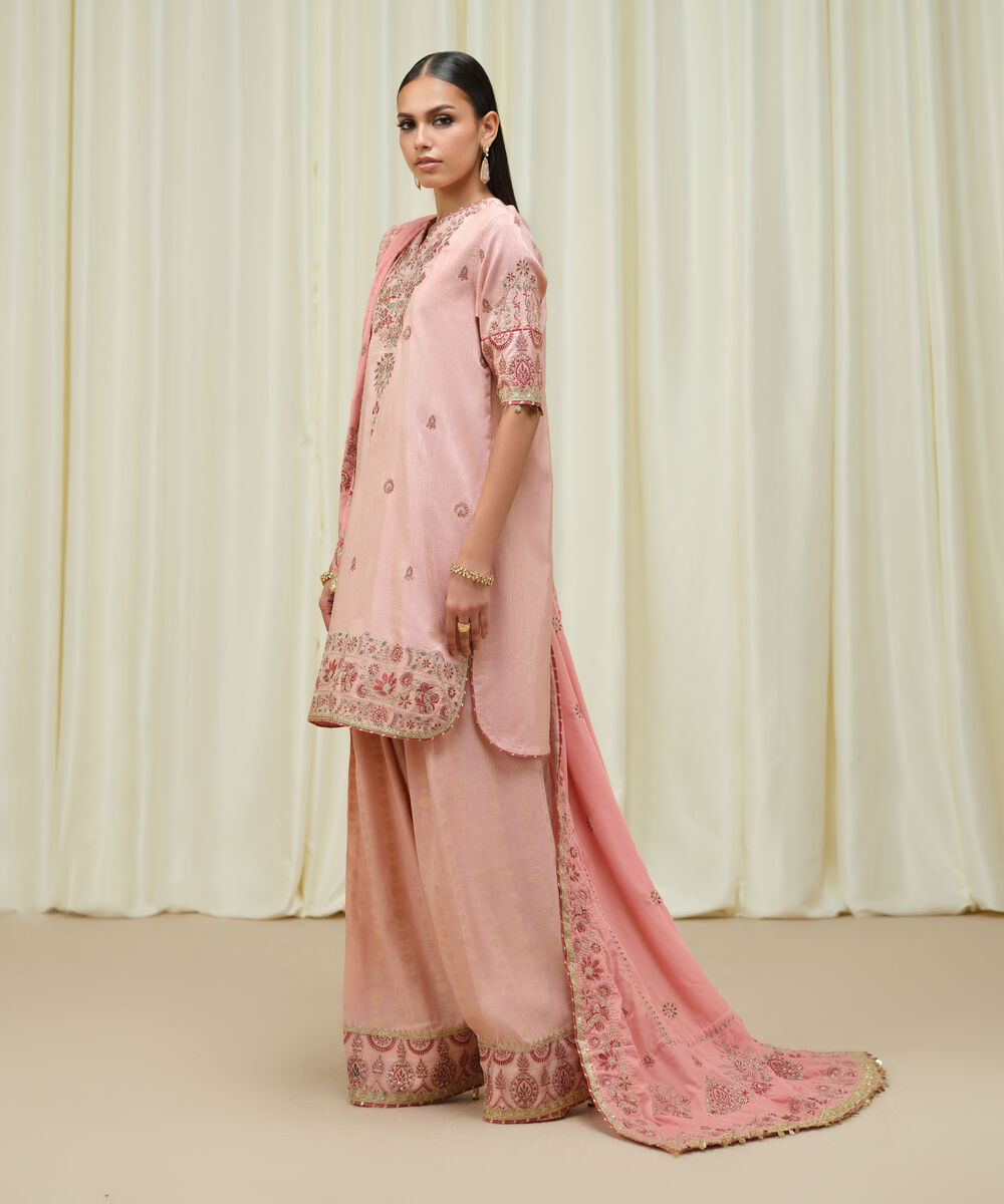 Women's Unstitched Raw Silk Embroidered Pink 3 Piece Suit