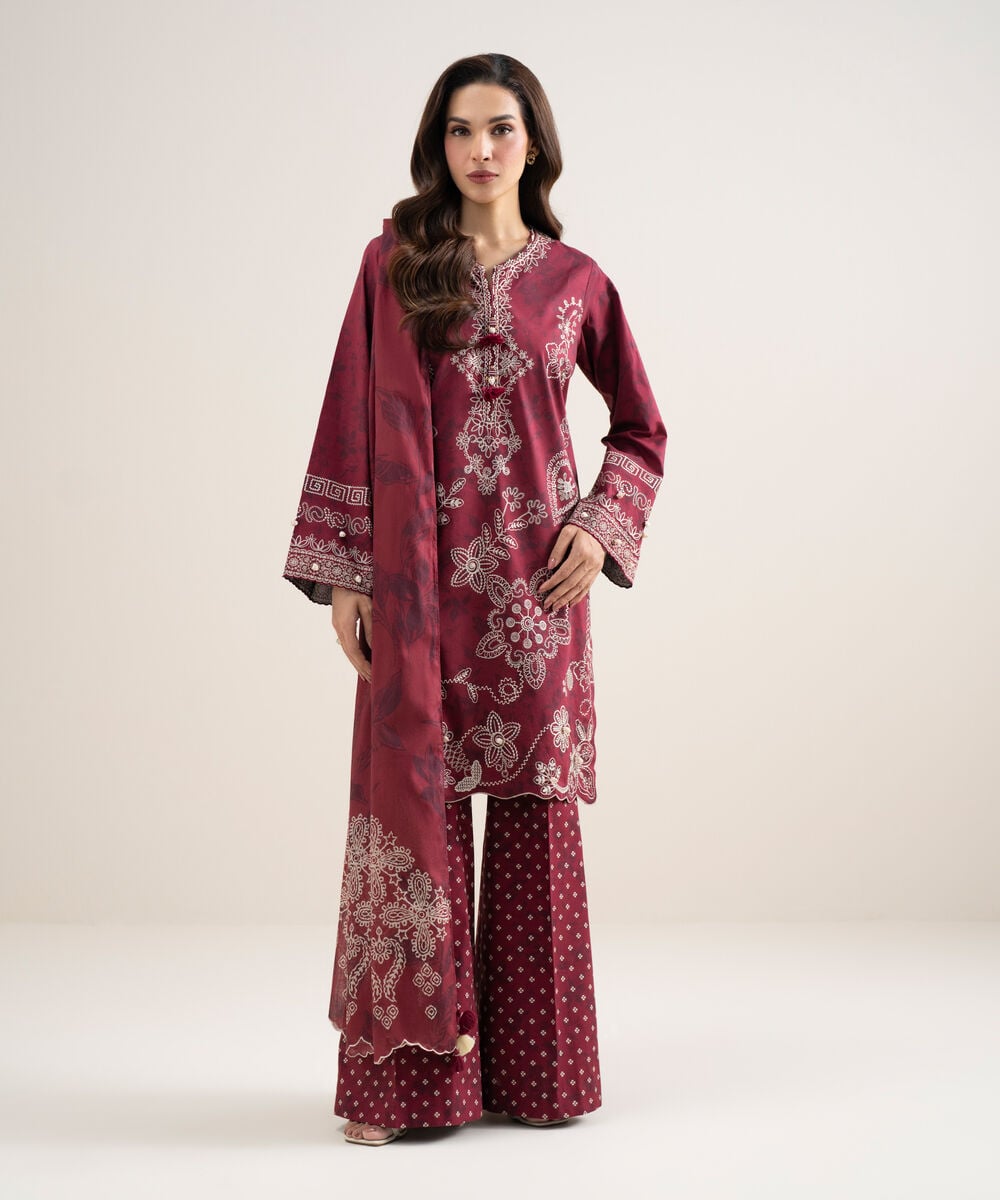 Women's Unstitched Lawn Embroidered Maroon 3 Piece Suit