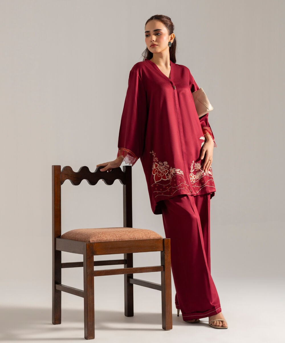 Women's RTW Solid Embroidered Maroon Bedford Shirt
