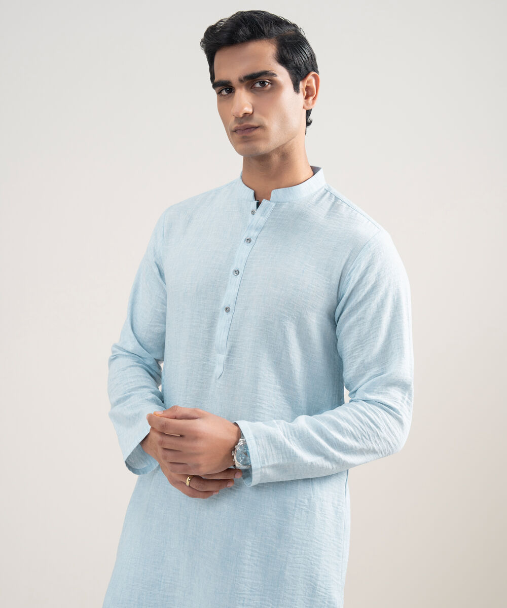 Men's Stitched Blended Linen Sky Blue Suit