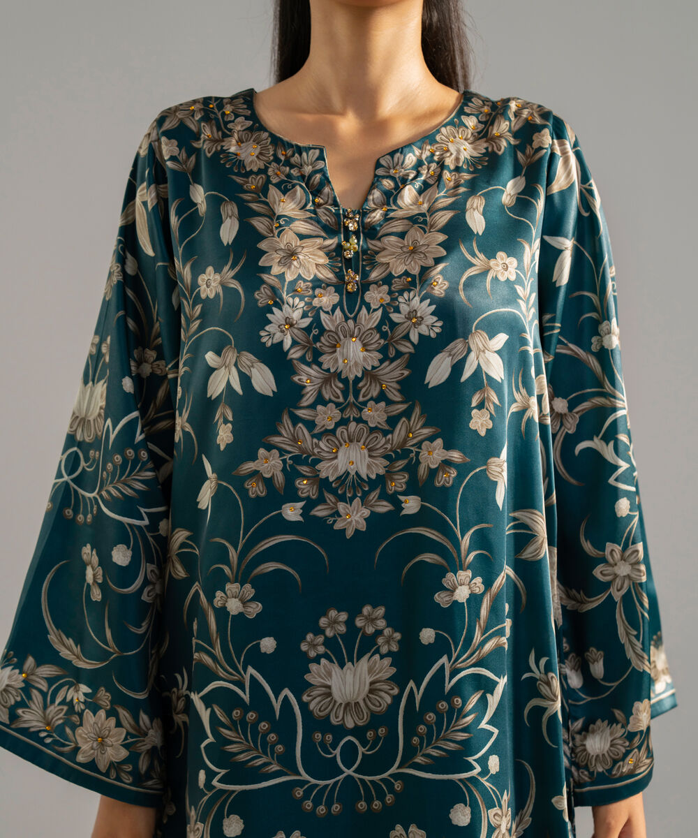 Women's RTW Blended Satin Printed Teal 2 Piece Suit