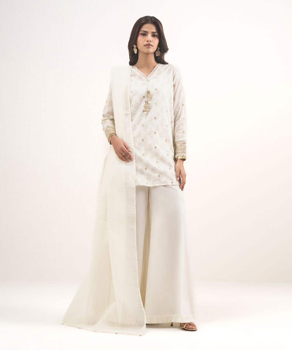 Women's RTW Lawn Embroidered Off White 3 Piece Suit