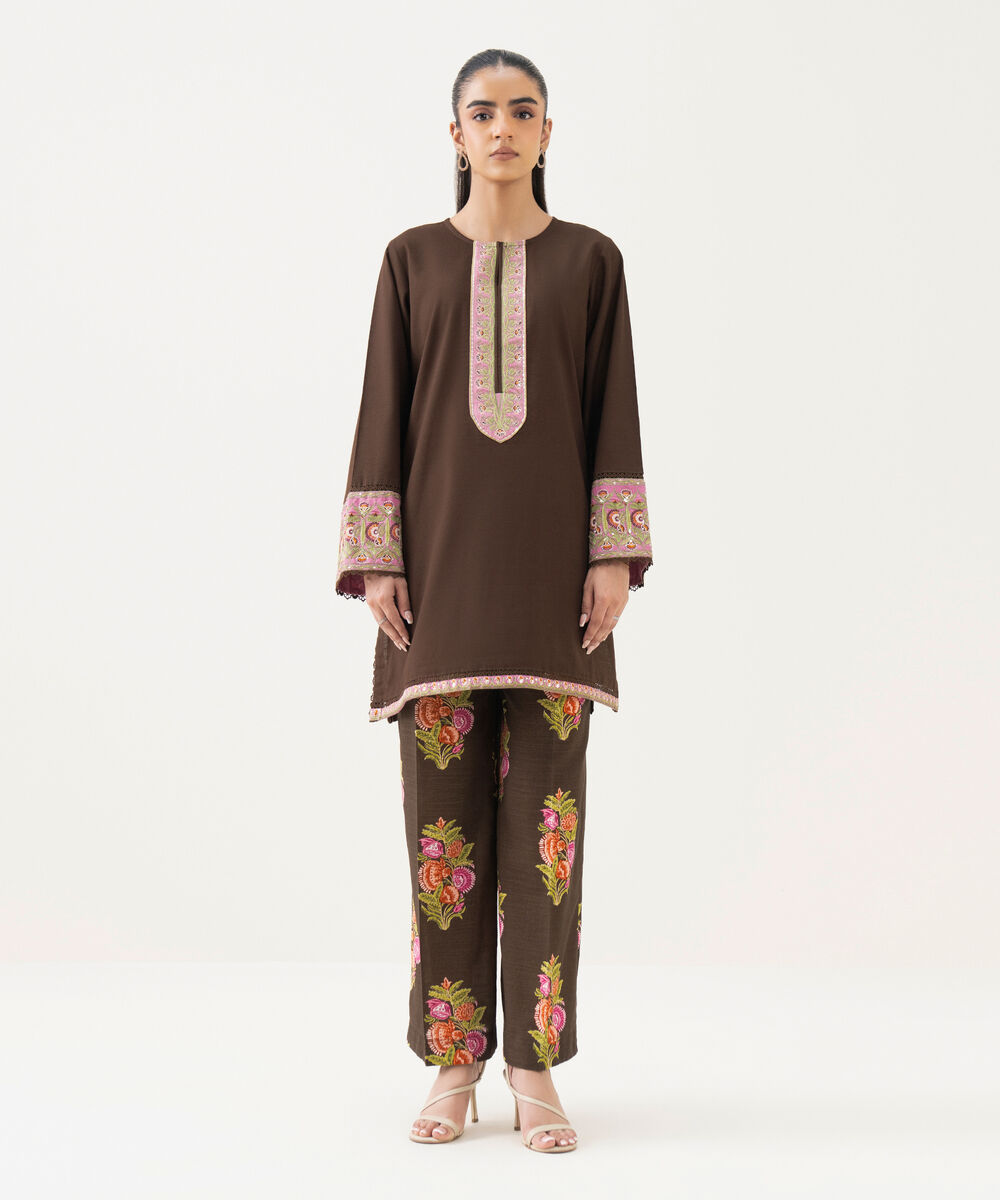 Women's RTW Cambric Embroidered Brown Straight Shirt