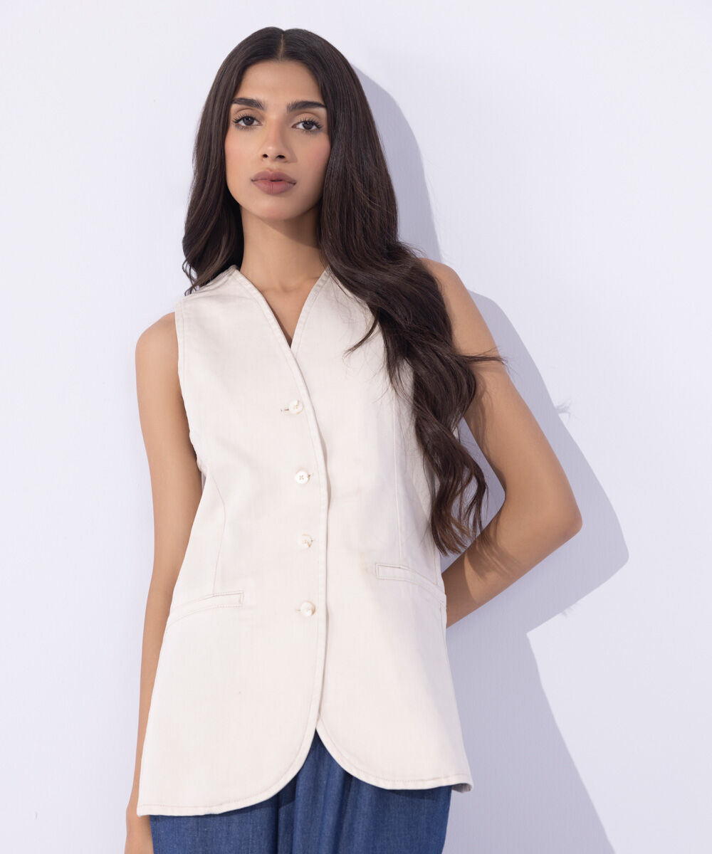 Women's Western Wear Beige Cotton Twill Waistcoat