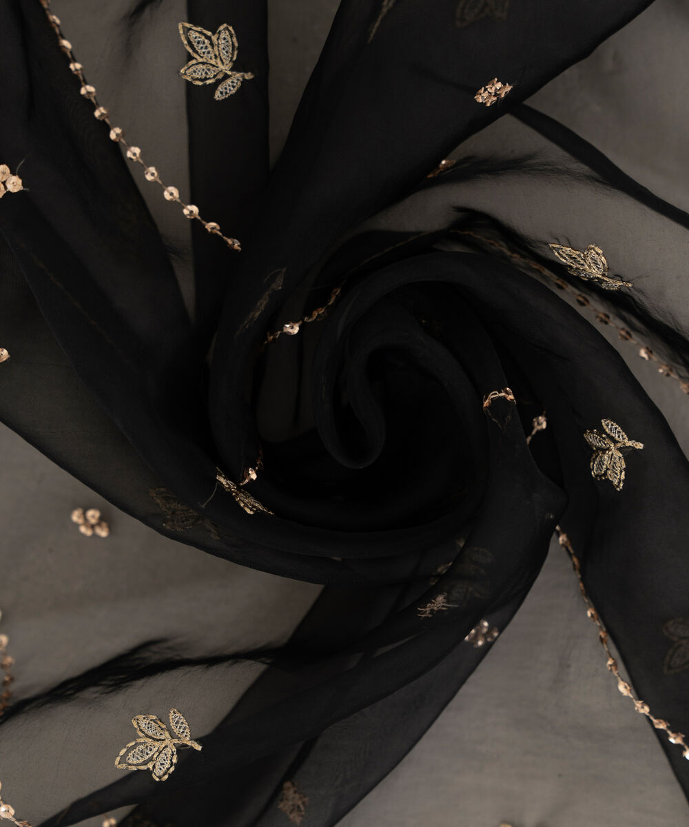 Blended Organza Embroidered Black Dupatta