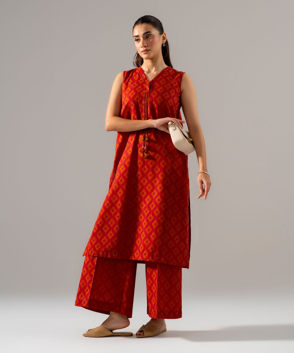 Women's RTW Khaddar Printed Orange 2 Piece Suit