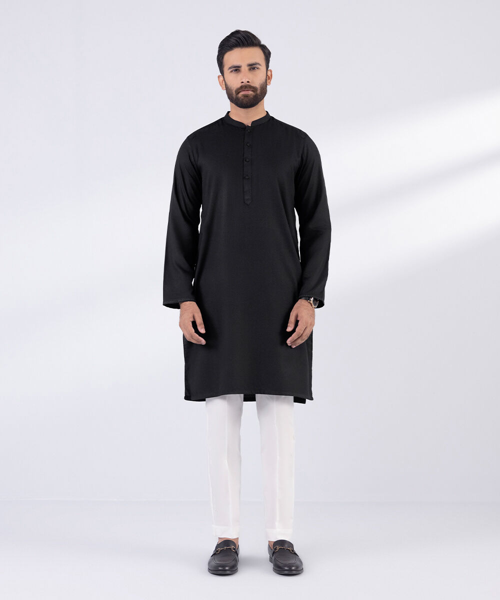 Men's Blended Stitched Plain Black Kurta