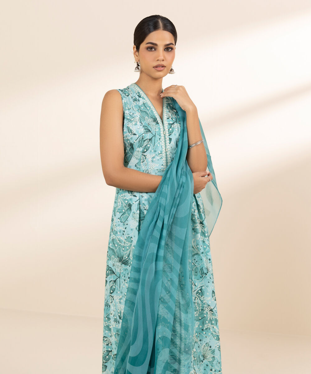 Women's Unstitched Lawn Printed Blue 3 Piece Suit