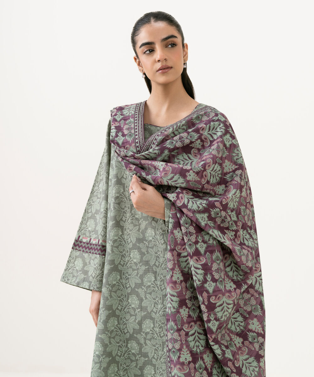 Women's Unstitched Light Khaddar Printed Grey 3 Piece Suit