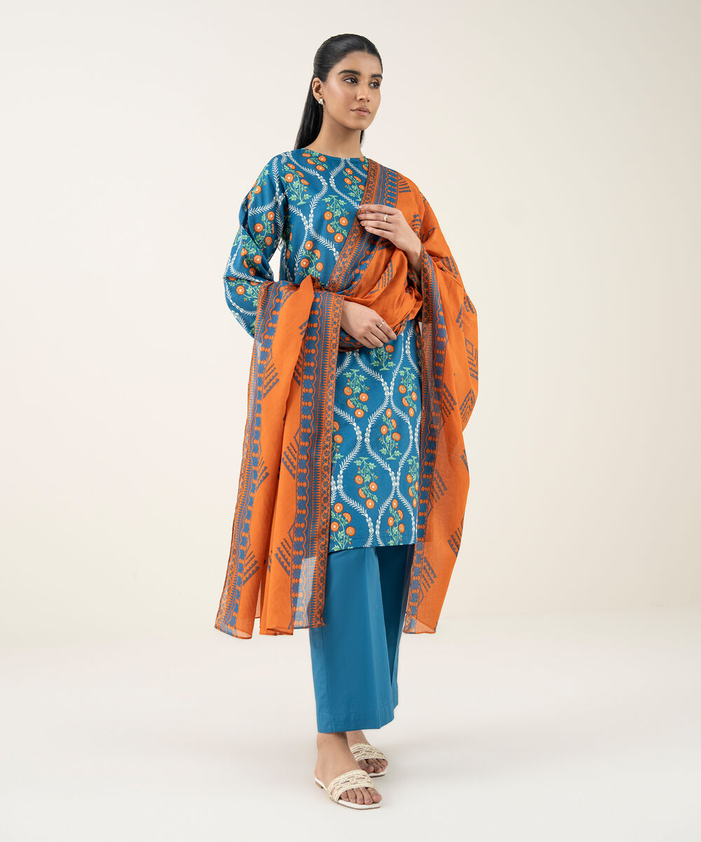 Women's Unstitched Lawn Printed Blue 3 Piece Suit