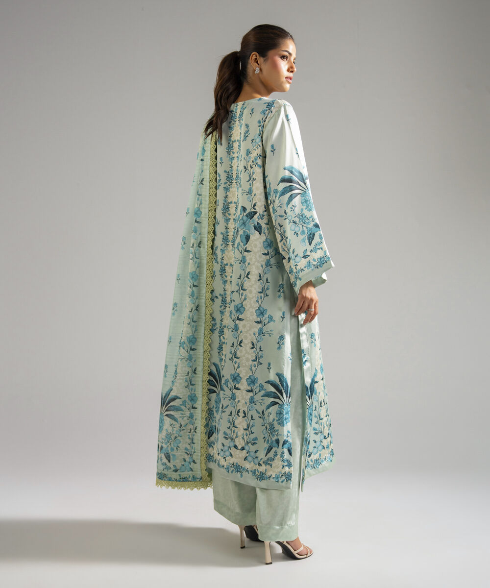 Women's RTW Blended Satin Printed Green 3 Piece Suit