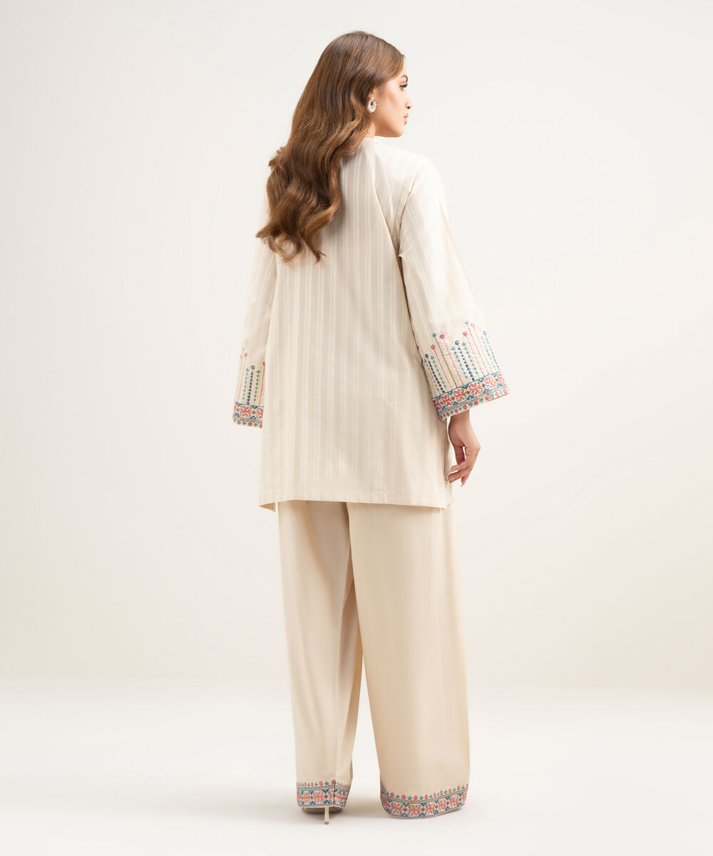 Women's RTW Dobby Embroidered Beige 2 Piece Suit