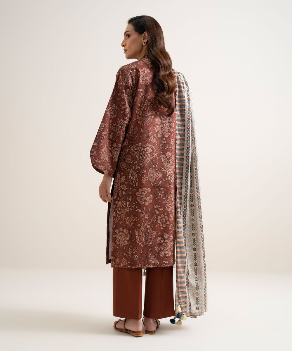 Women's Unstitched Lawn Printed Brown 3 Piece Suit