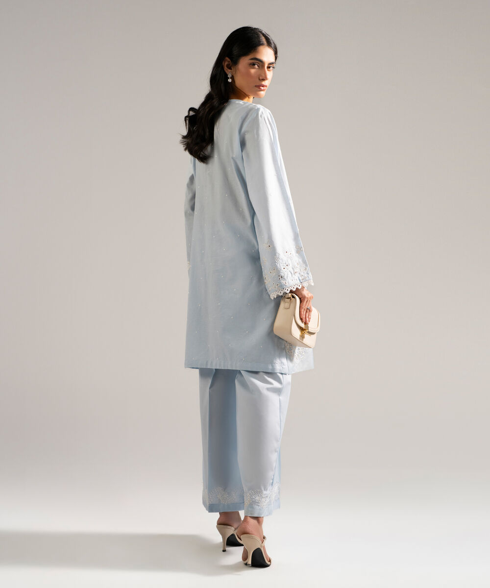 Women's RTW Self Jacquard Embroidered Blue 2 Piece Suit