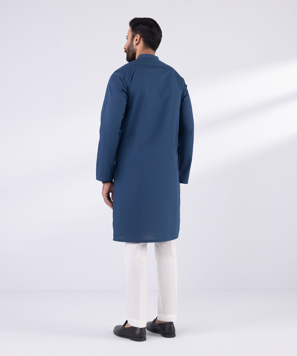 Men's Blended Stitched Plain Blue Kurta