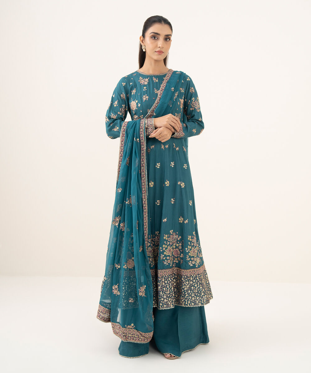 Women's RTW Raw Silk Embroidered Teal 3 Piece Suit