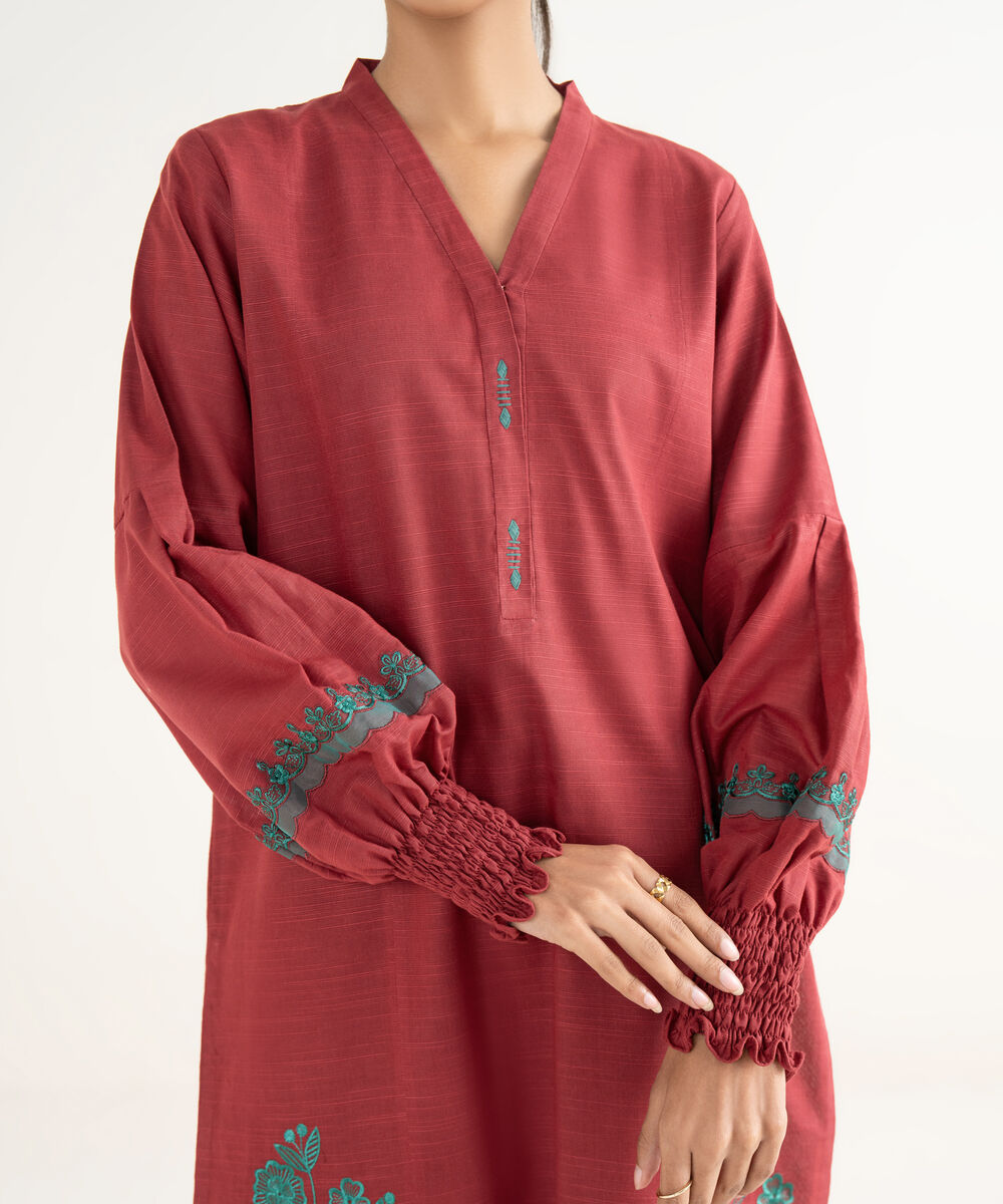 Women's Unstitched Light Khaddar Embroidered Red 3 Piece Suit