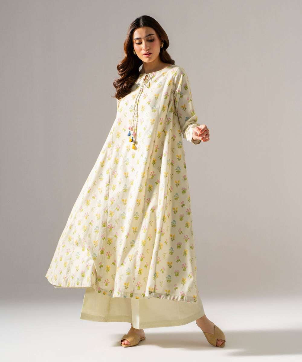 Women's RTW Cambric Printed Green Flared A-Line