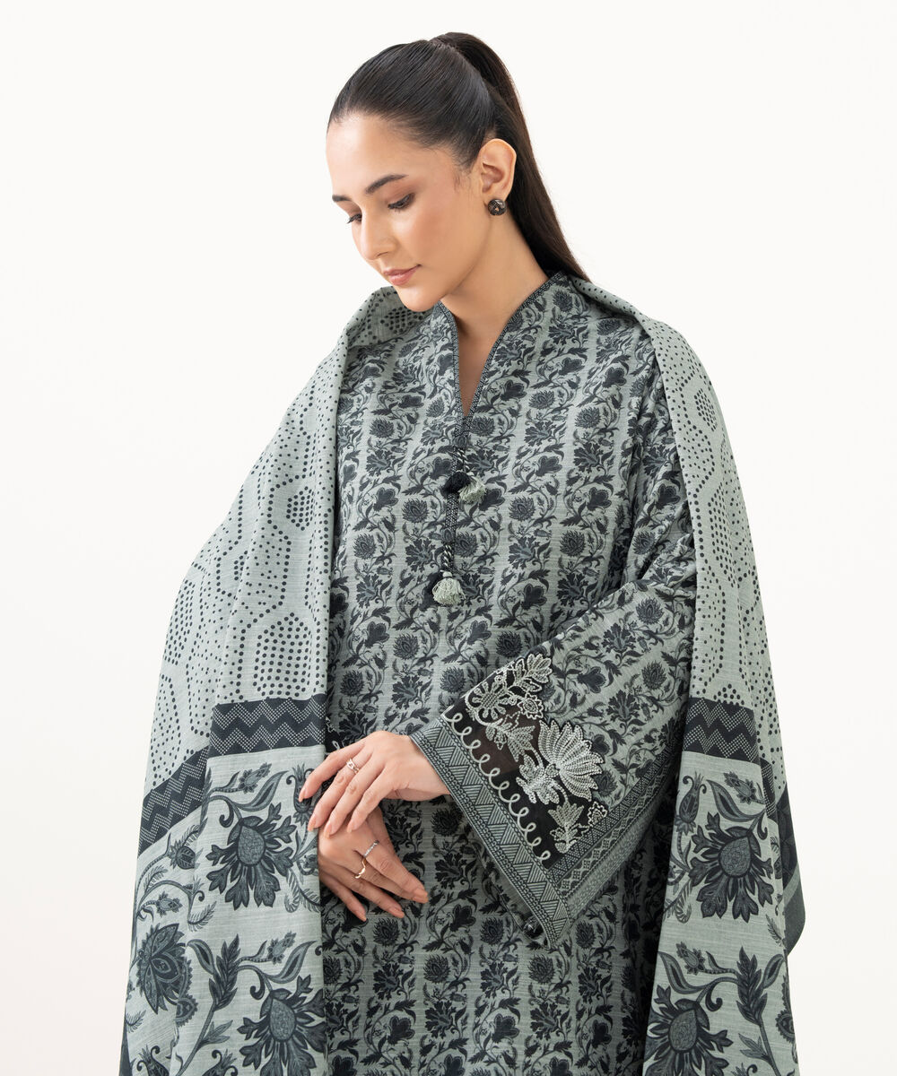 Women's Unstitched Light Khaddar Embroidered Grey 3 Piece Suit