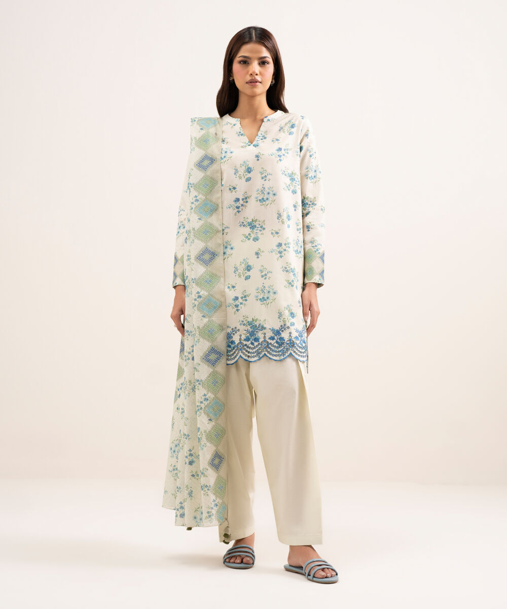 Women's Unstitched Lawn Embroidered Blue 3 Piece Suit