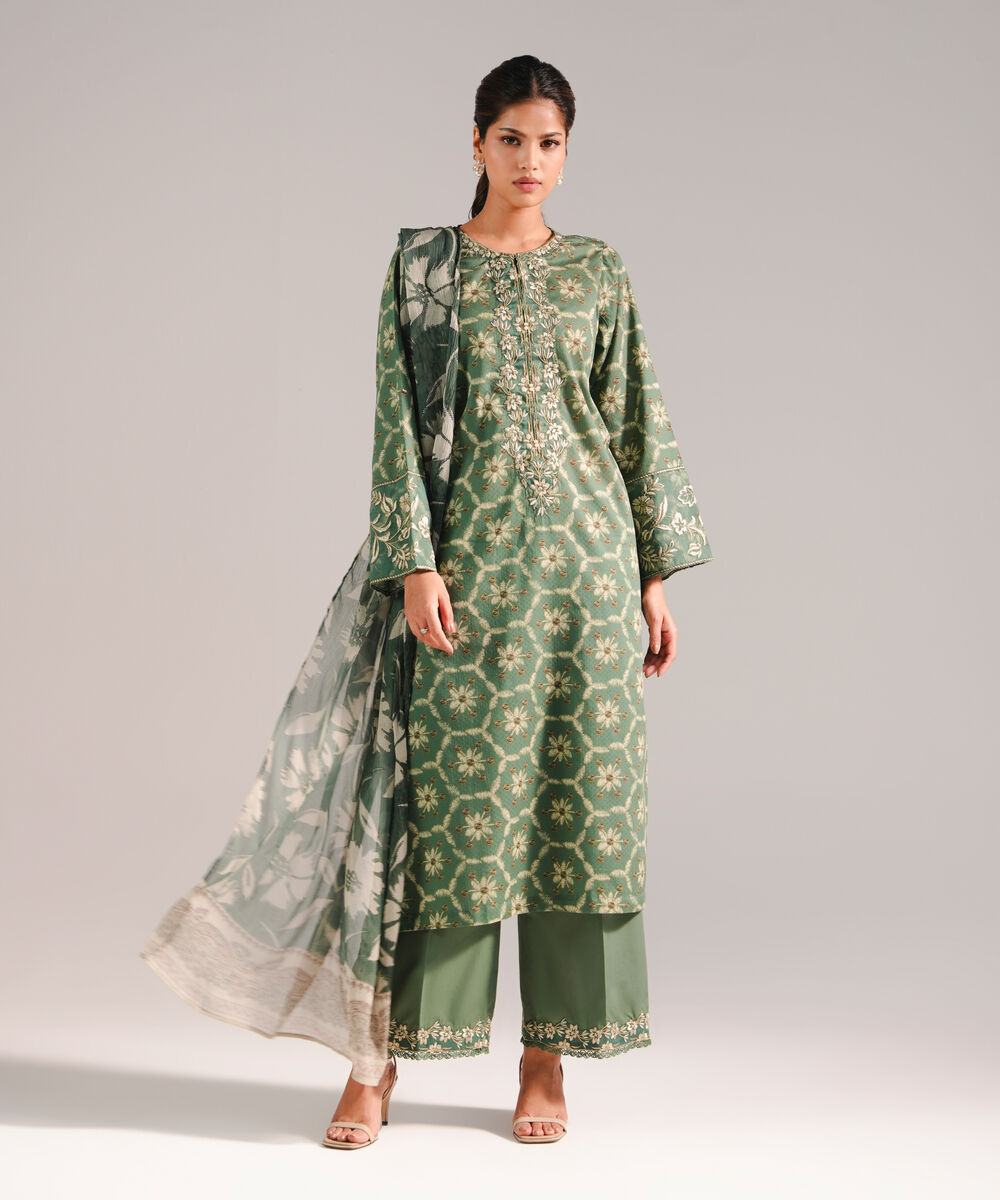 Women's RTW Dobby Embroidered Green 3 Piece Suit