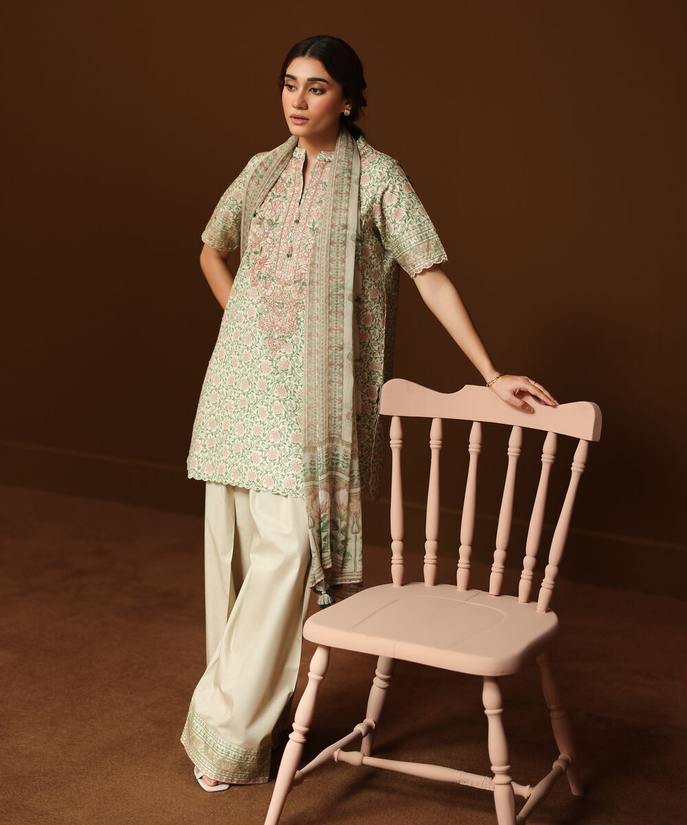 Women's Unstitched Lawn Embroidered Beige 3 Piece Suit