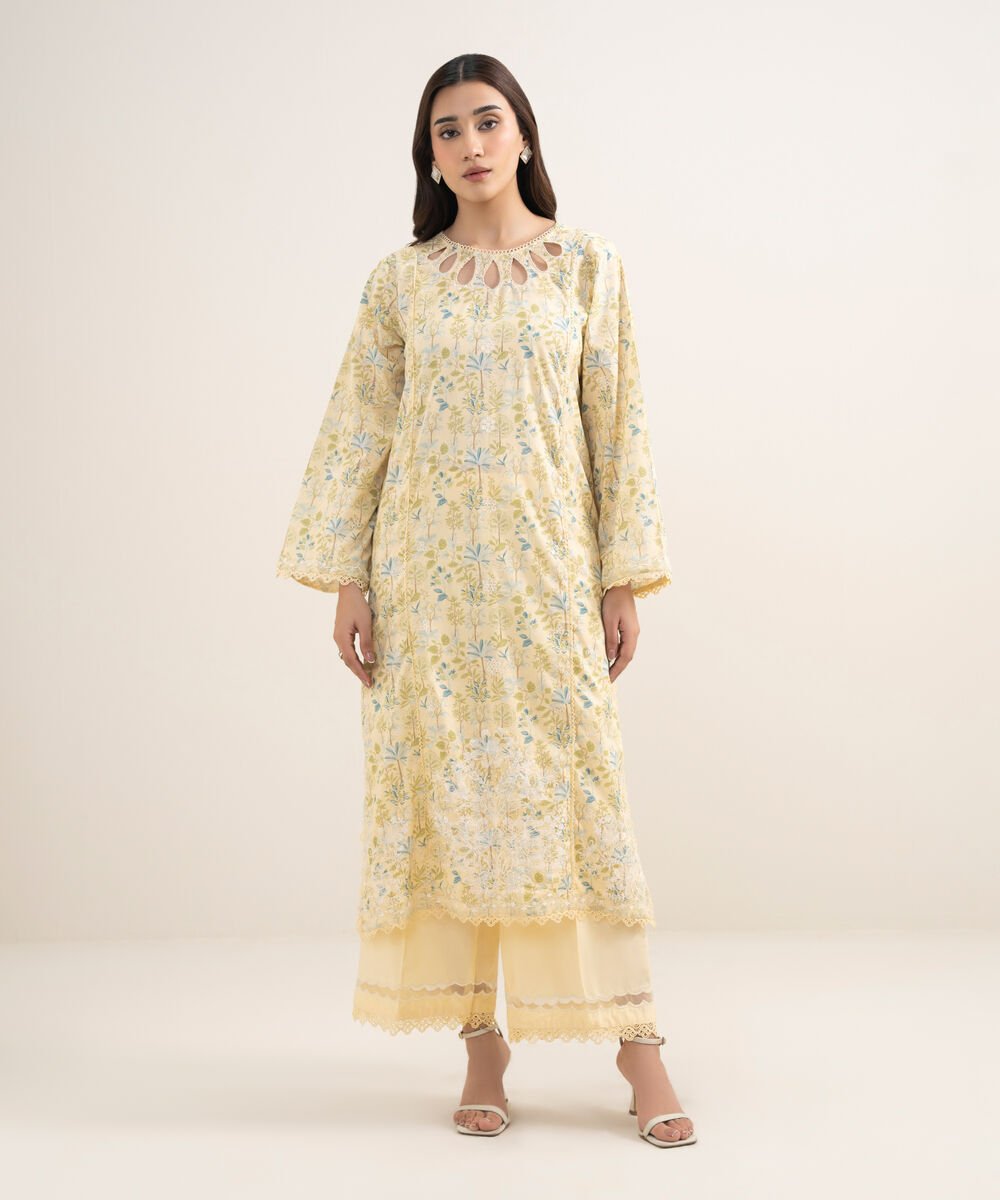 Women's RTW Lawn Embroidered Pale Yellow A-Line Shirt