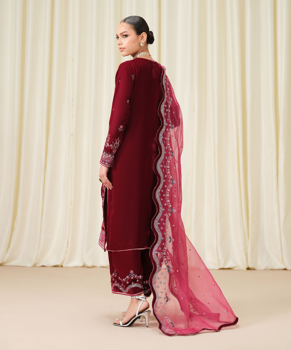 Women's Unstitched Embroidered Velvet Brown 3 Piece Suit