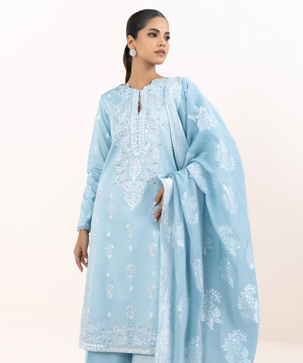 Women's Unstitched Light Cotton Satin Dyed Three Piece Suit